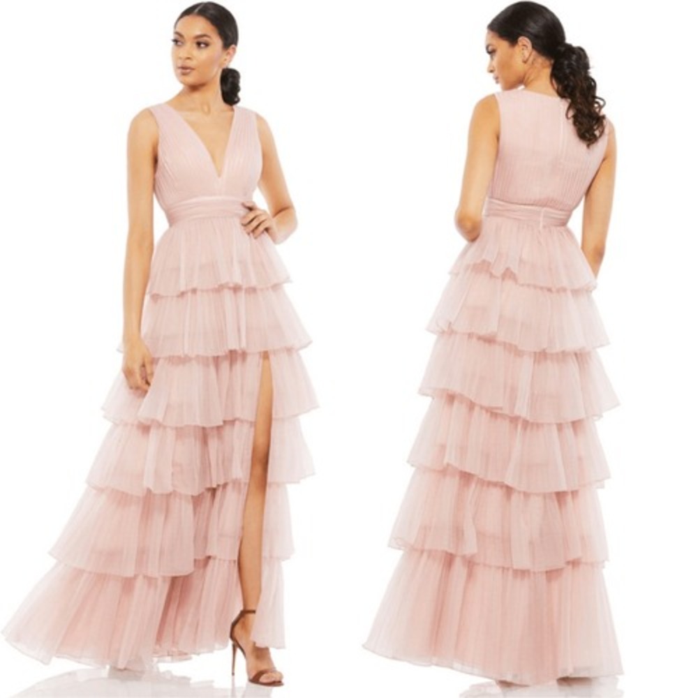 NEW Mac Duggal Gown Tiered Ruffle Sleeveless Maxi Dress Rose Pink Size 16